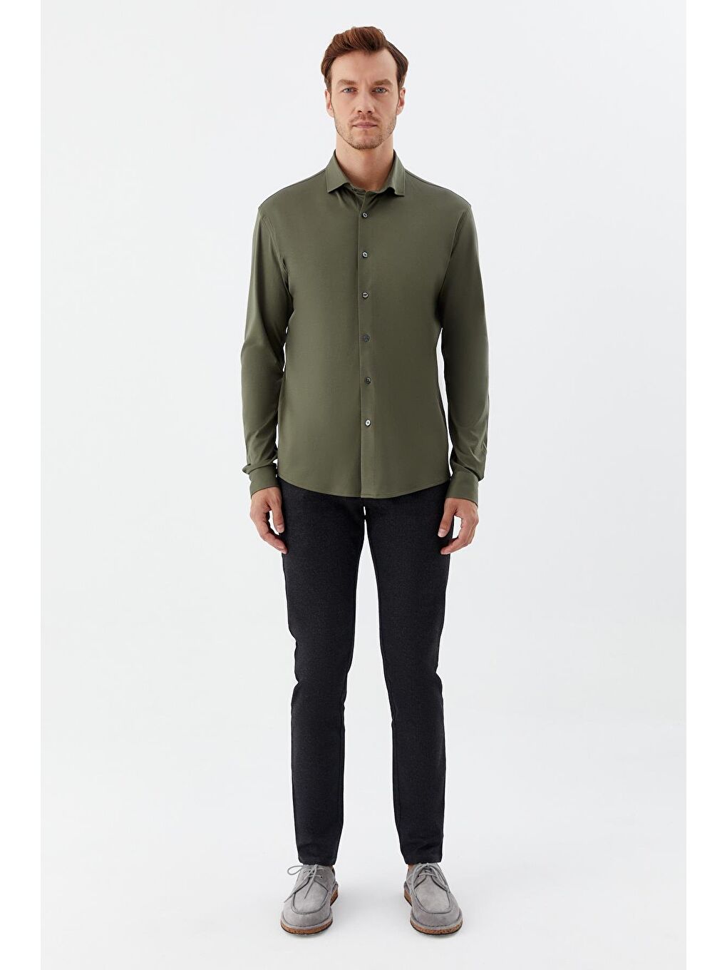Erkek Haki Düz Klasik Yaka Slim Fit Gömlek-1