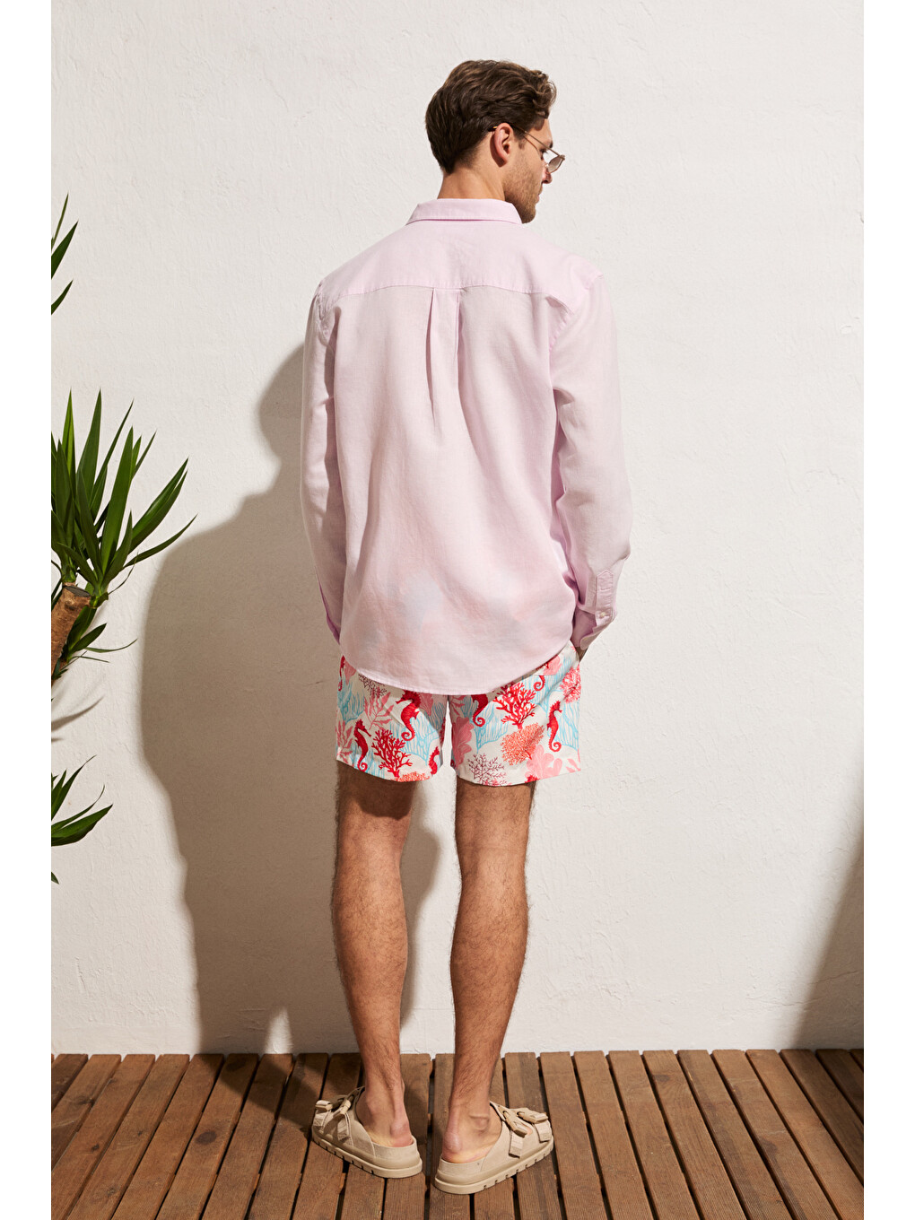 Arles Erkek Keten Karışımlı Uzun Kollu Tek Cepli Regular Fit Pembe Gömlek-4