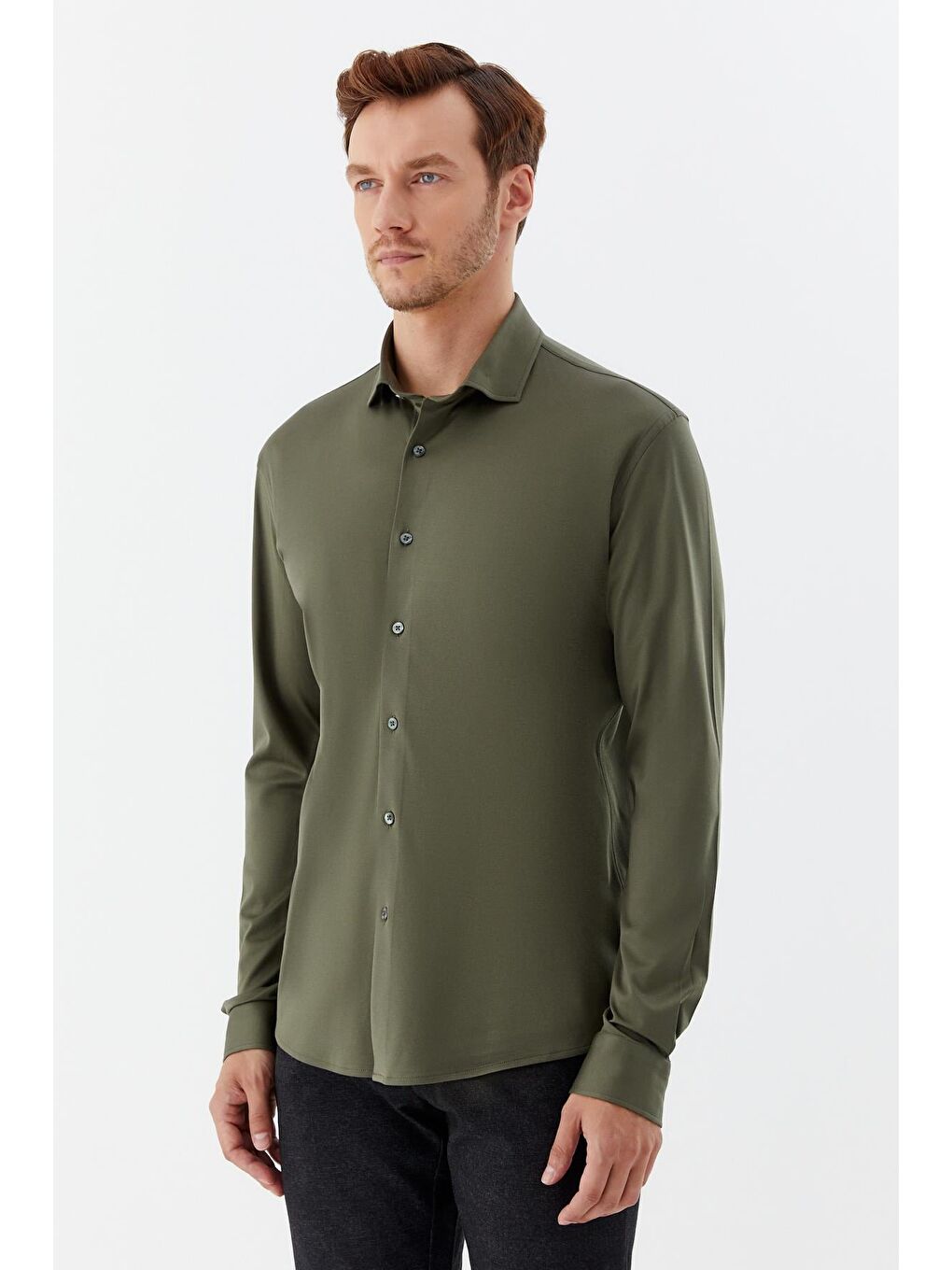 Erkek Haki Düz Klasik Yaka Slim Fit Gömlek-2