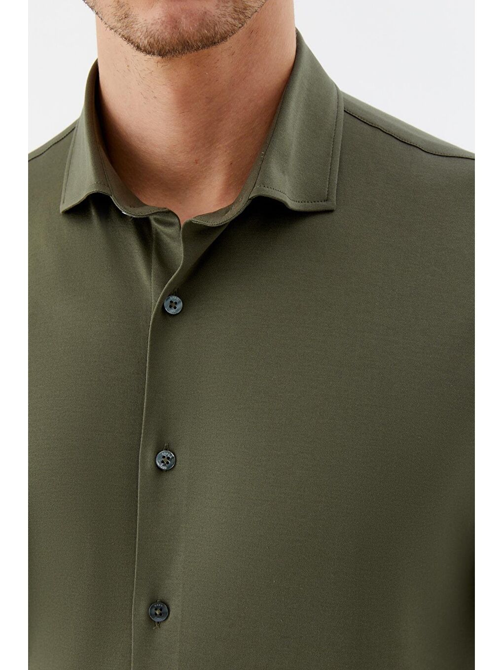 Erkek Haki Düz Klasik Yaka Slim Fit Gömlek-3