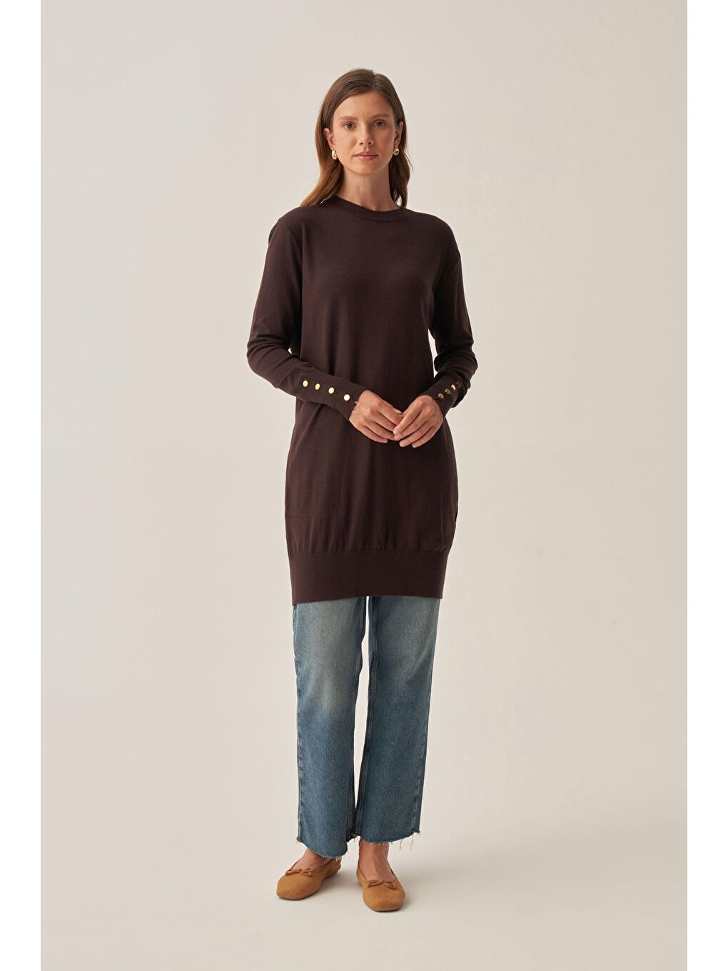 Kahverengi Acı Kahve-Bilekte Dügme Detaylı Kazak-1