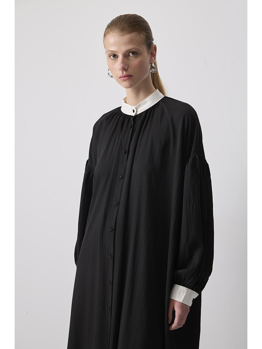 Siyah Kontrast Yaka Gömlek Elbise-1