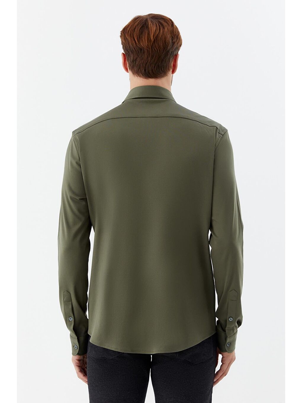 Erkek Haki Düz Klasik Yaka Slim Fit Gömlek-4