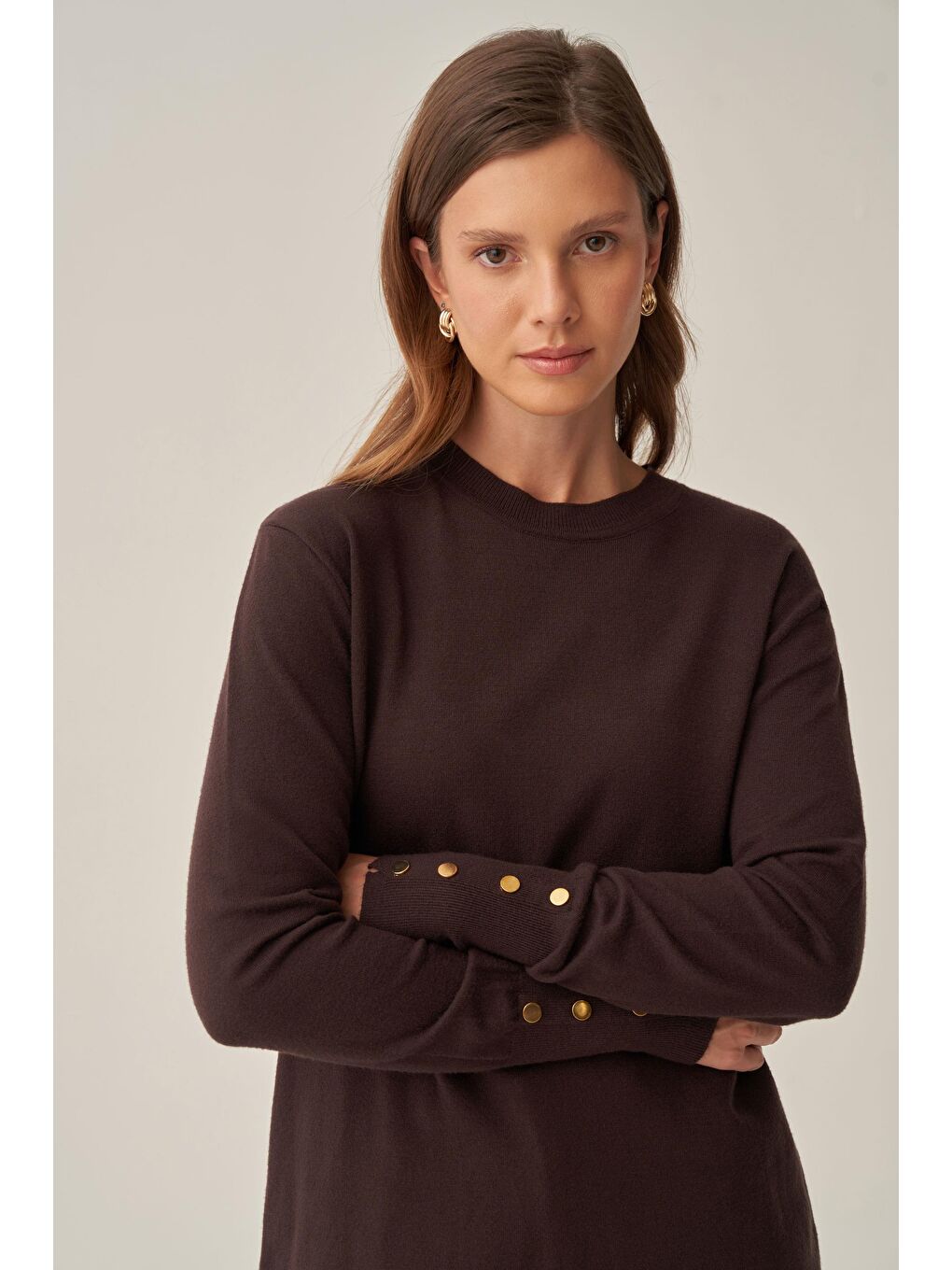 Kahverengi Acı Kahve-Bilekte Dügme Detaylı Kazak-4