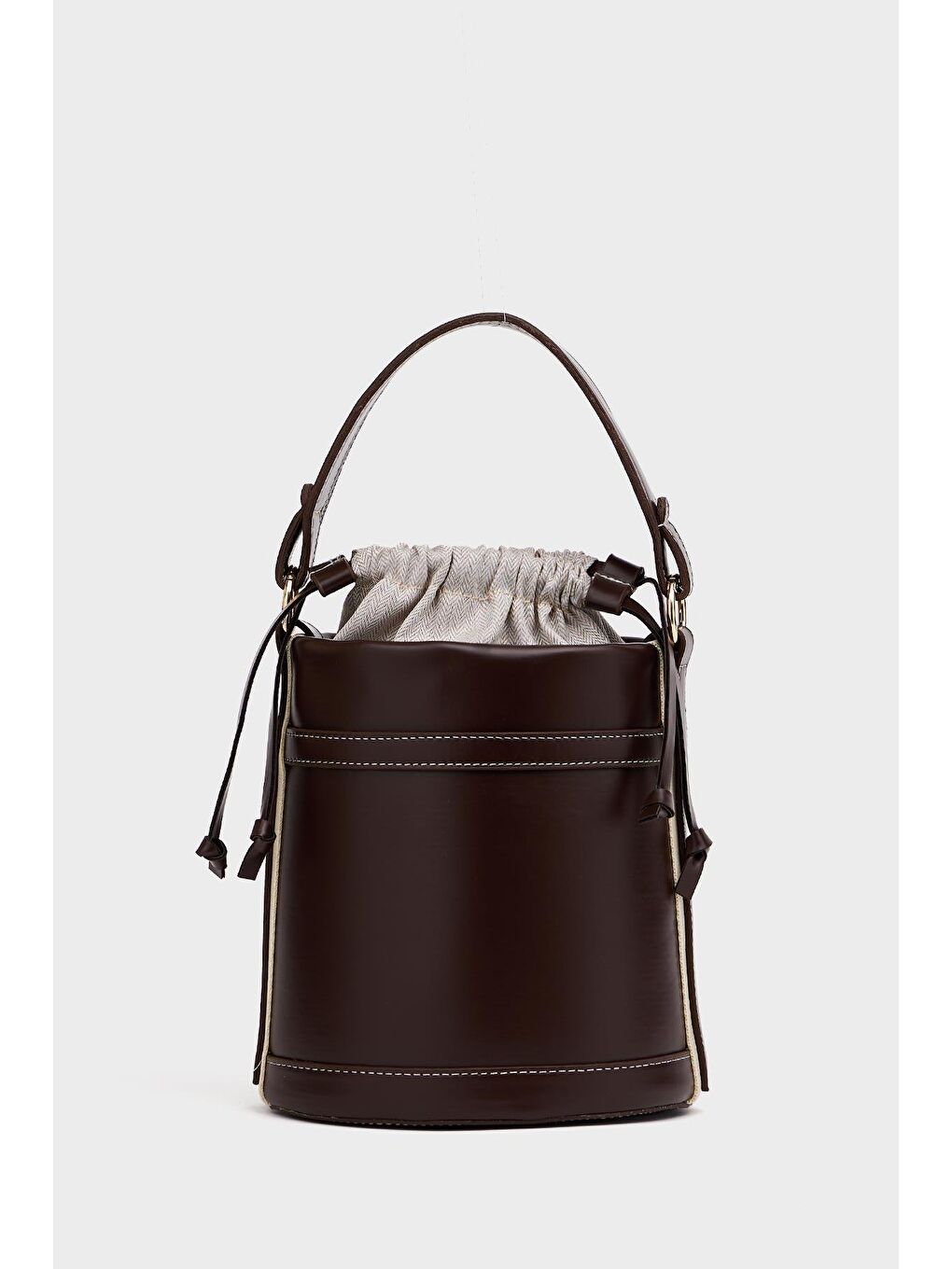 Kahverengi Kadın Kova Çanta Kontrast Dikiş Detaylı El Ve Omuz Taşıma Tasarımı-2