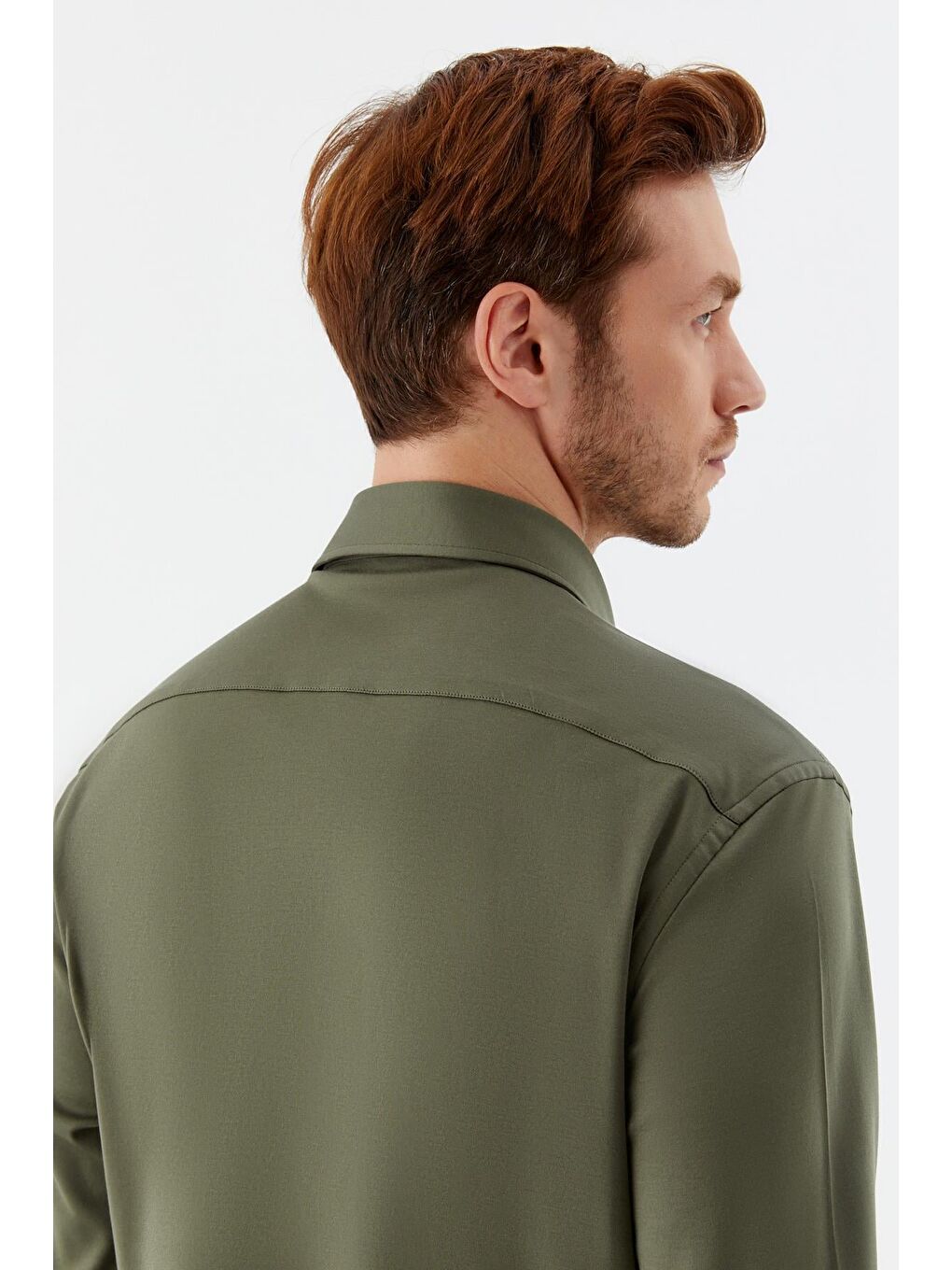Erkek Haki Düz Klasik Yaka Slim Fit Gömlek-5