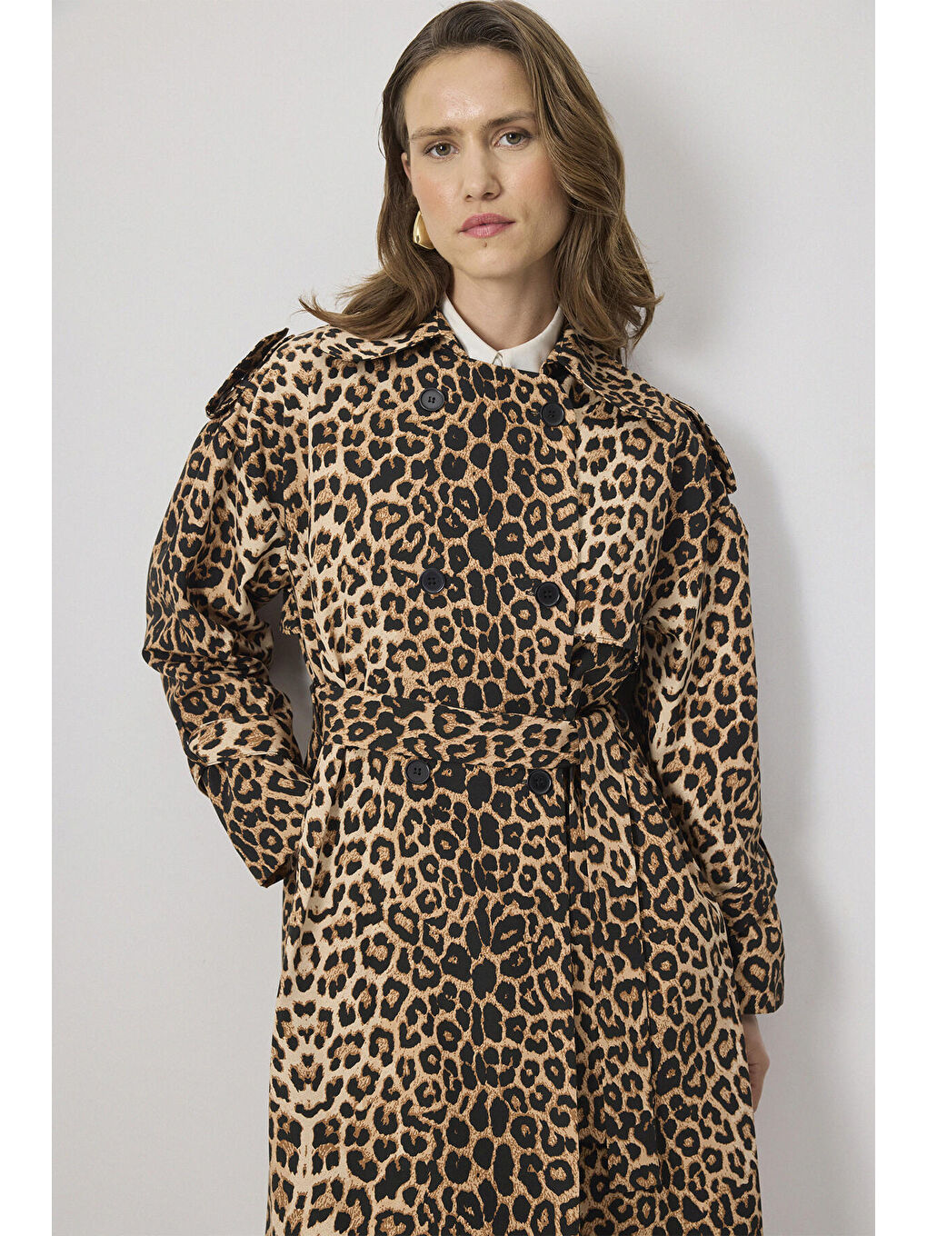 Siyah Lepoar Desenli Kruvaze Trençkot-2