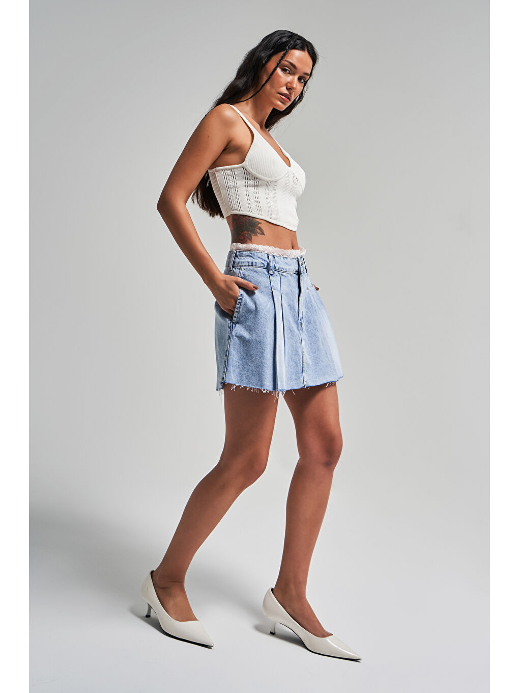 Mavi Kadın Snow Jean Rengi D-4s5-3 Dantel Detaylı Pileli Mini Boy Tasarım Denim Etek-1