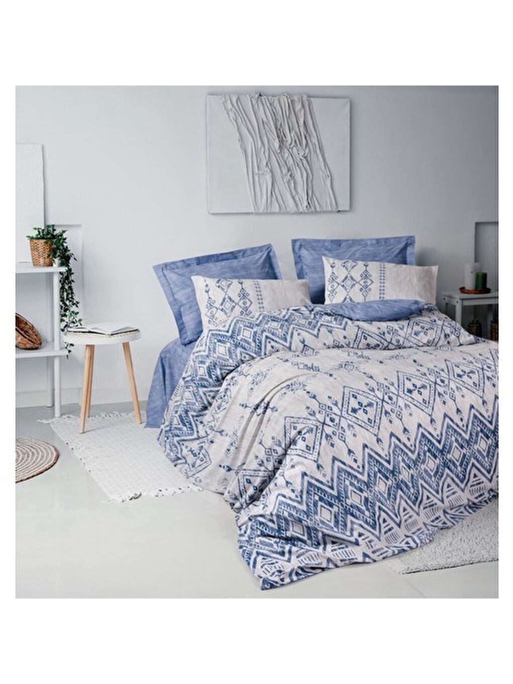 Karışık Pamuk Box Ethnic Çift Kişilik Nevresim Takimi Cleo Mavi