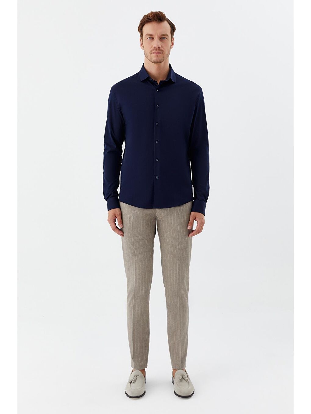 Erkek Lacivert Düz Klasik Yaka Slim Fit Gömlek-1