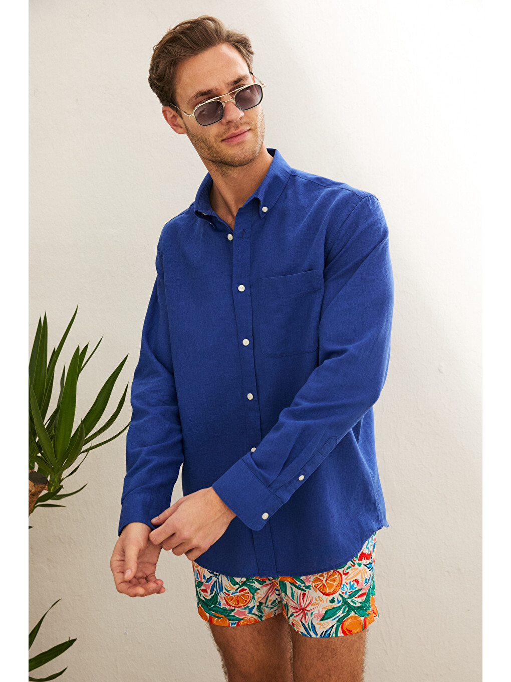 Mavi Arles Erkek Keten Karışımlı Uzun Kollu Tek Cepli Regular Fit Saks Gömlek-3