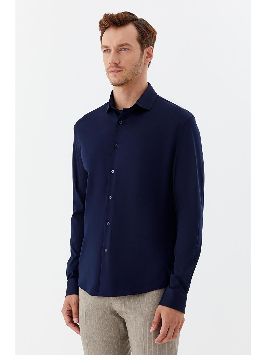 Erkek Lacivert Düz Klasik Yaka Slim Fit Gömlek-2