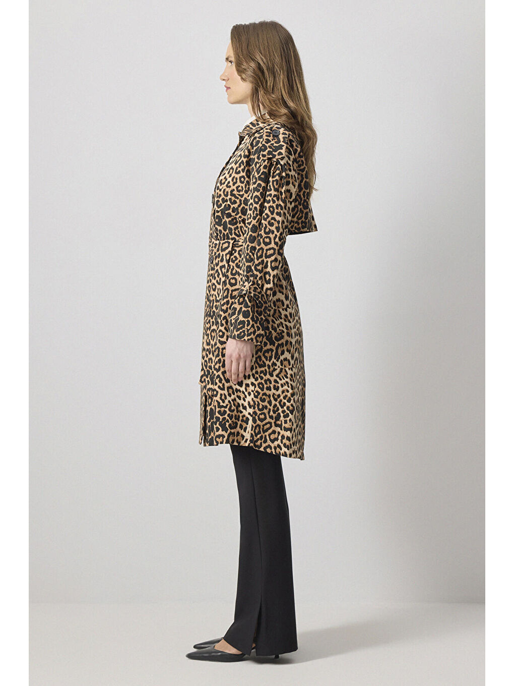 Siyah Lepoar Desenli Kruvaze Trençkot-3