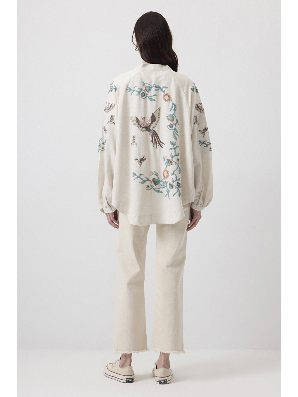 Bej Keten Dokulu Nakışlı Kimono-4