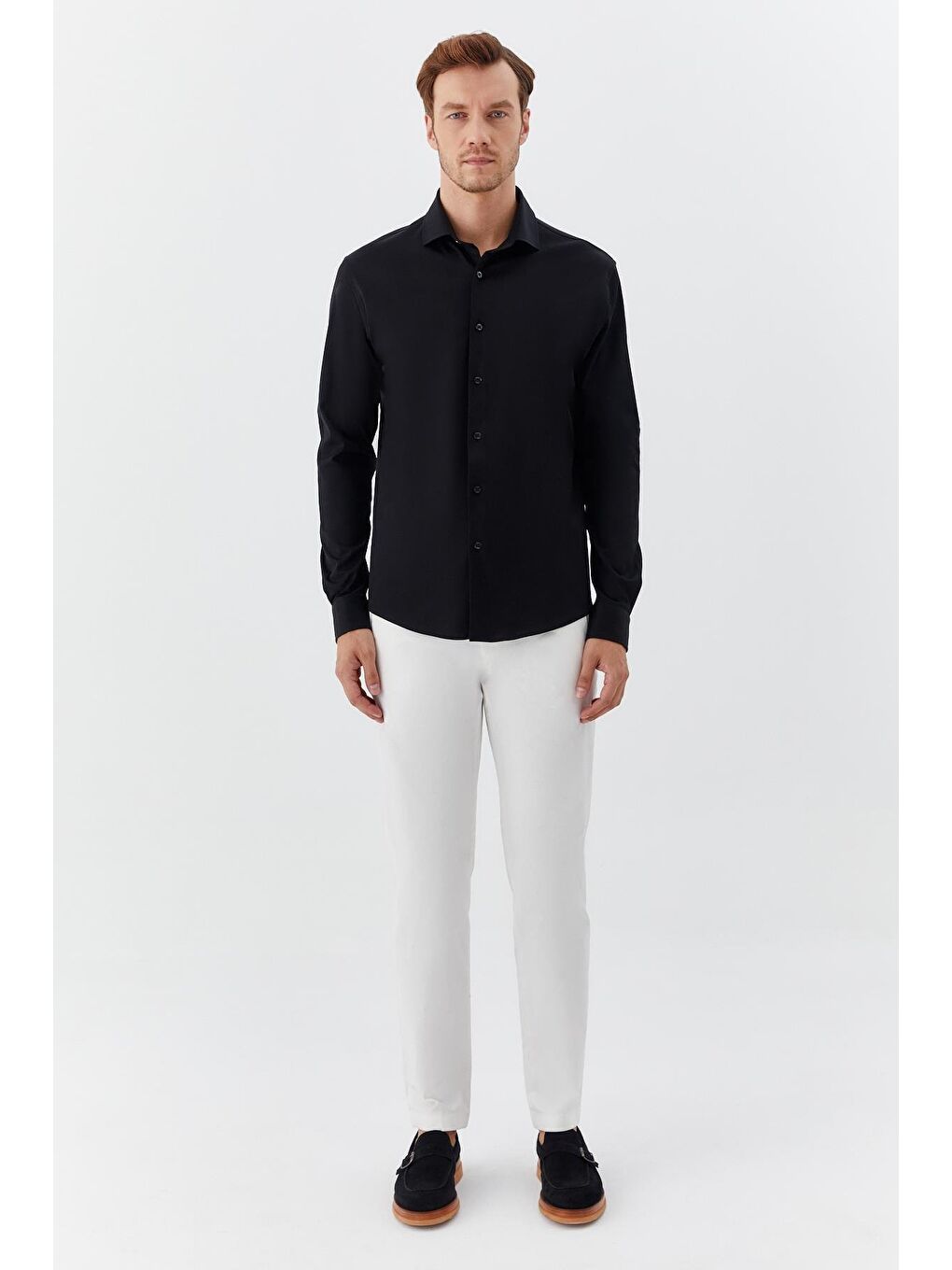 Erkek Siyah Düz Klasik Yaka Slim Fit Gömlek-1