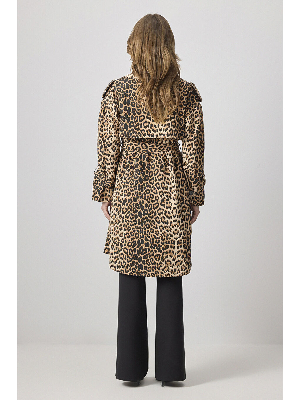 Siyah Lepoar Desenli Kruvaze Trençkot-4