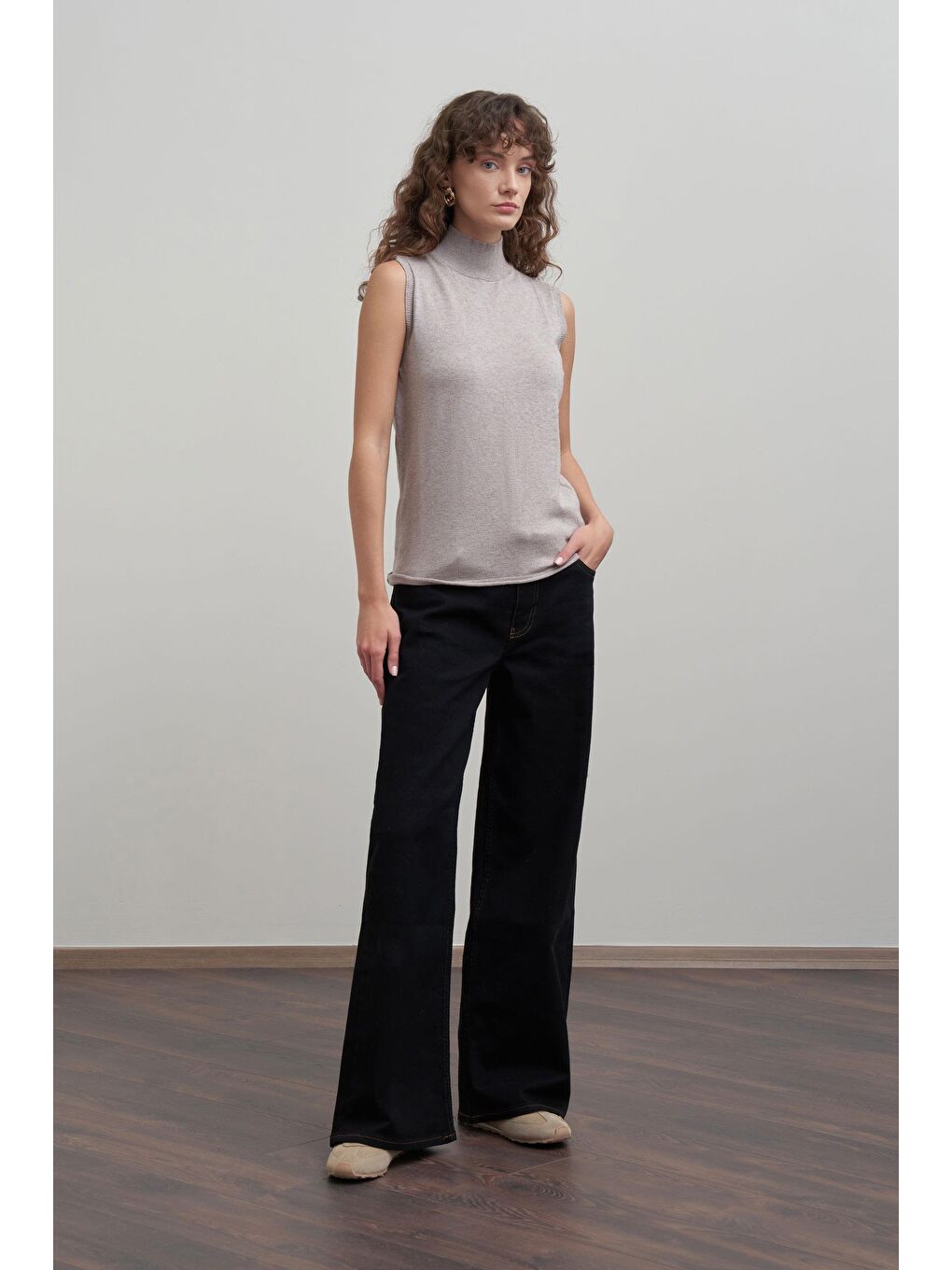 Bej Vizon-Yarım Balıkçı Kolsuz Kazak-1