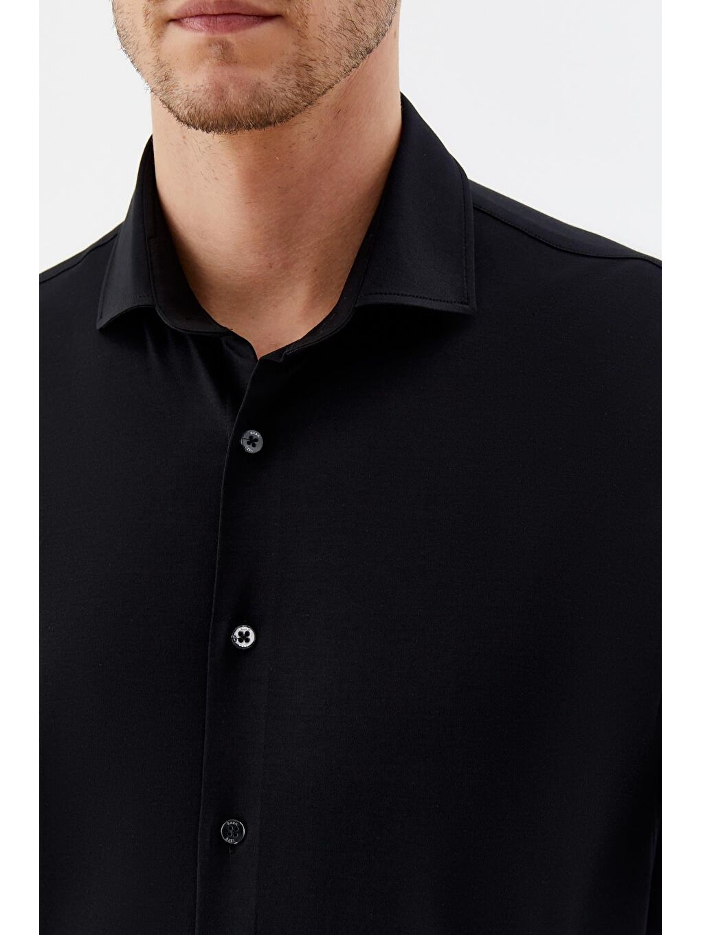 Erkek Siyah Düz Klasik Yaka Slim Fit Gömlek-3
