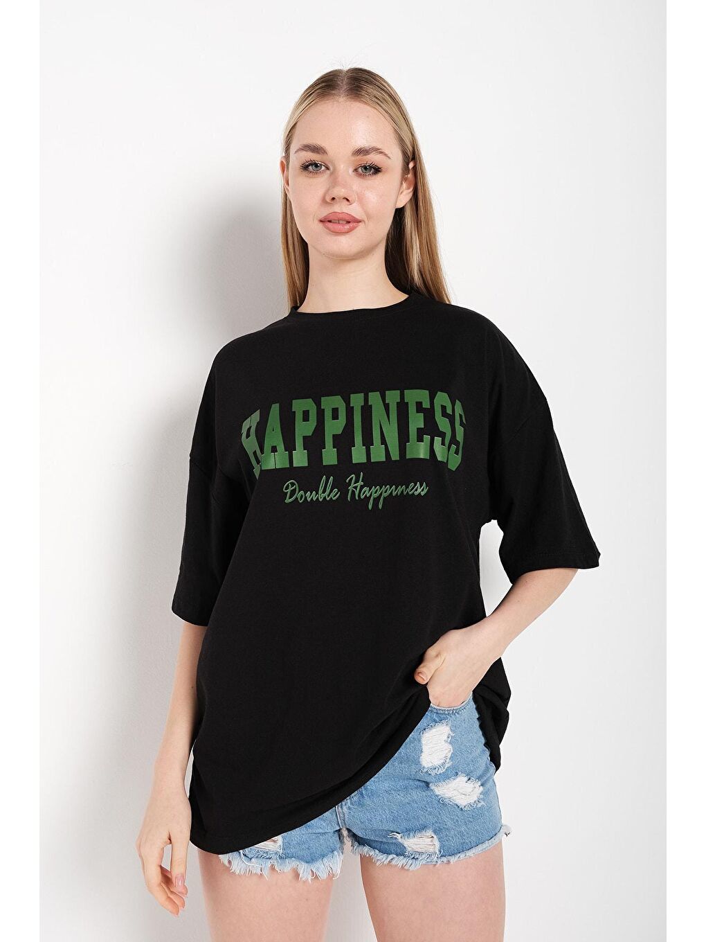 Trendseninle Siyah Kadın Siyah Happıness Baskılı Oversize Tişört