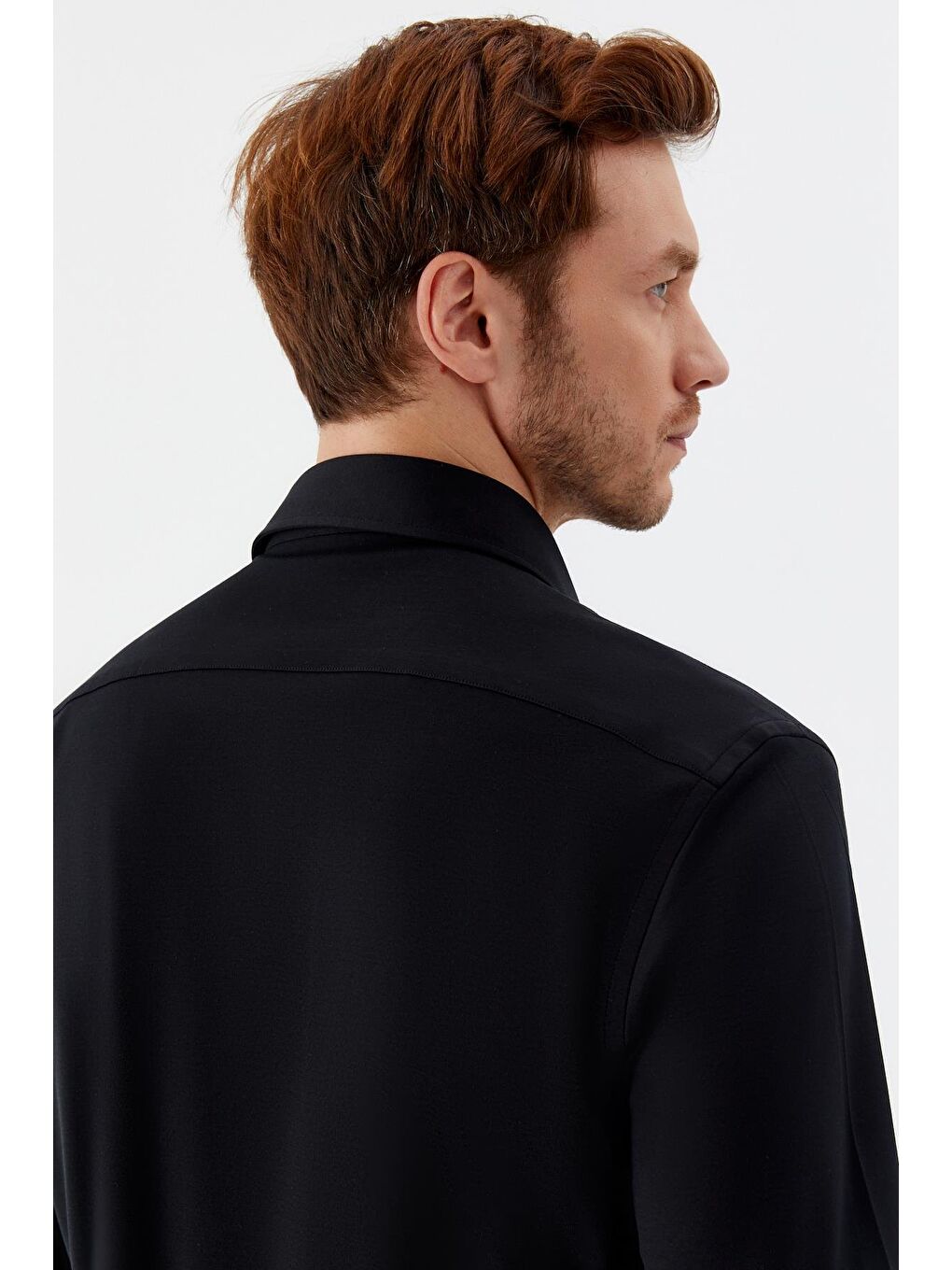 Erkek Siyah Düz Klasik Yaka Slim Fit Gömlek-5