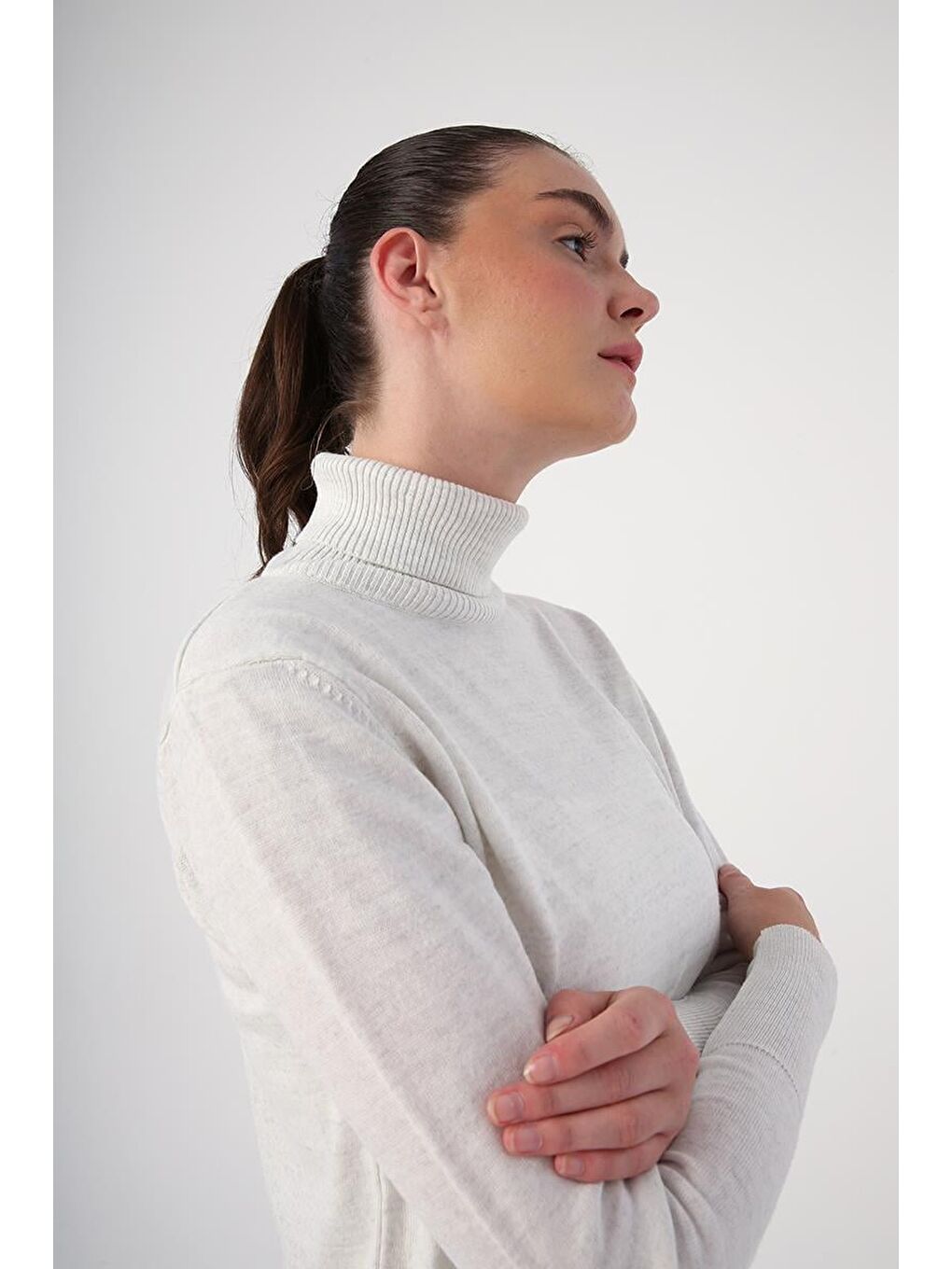 Çok Açık Gri Melanj-Balıkçı Yaka Kısa Triko Kazak