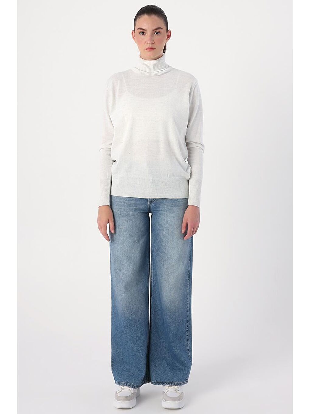 Çok Açık Gri Melanj-Balıkçı Yaka Kısa Triko Kazak-1