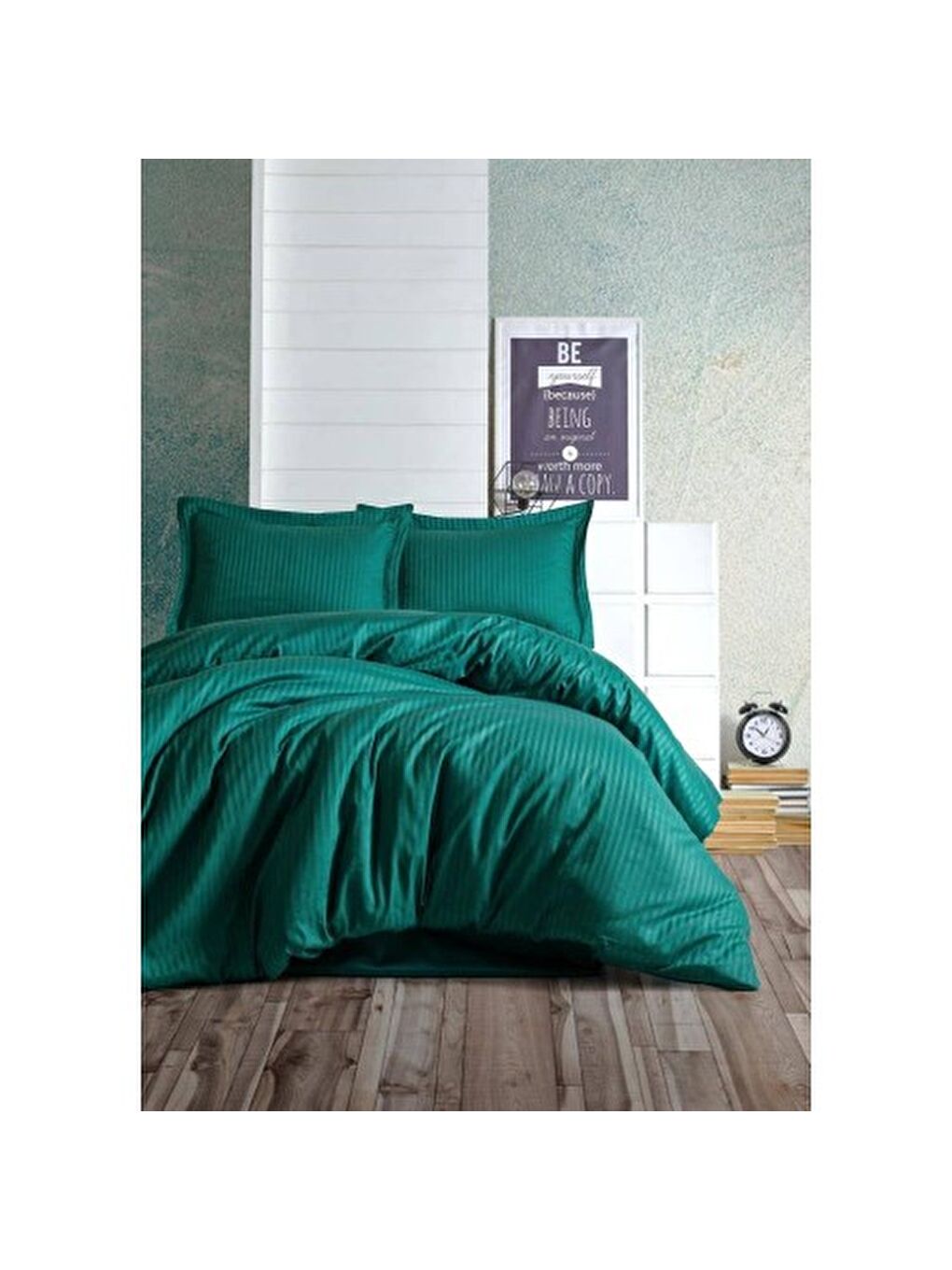 Karışık Pamuk Box Elegant Stripe Çift Kişilik Nevresim Takımı Saten Petrol