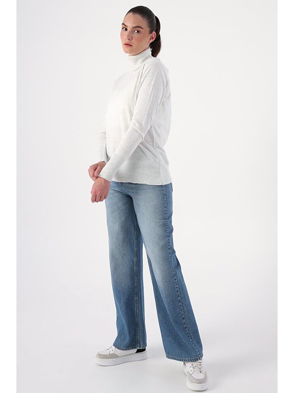 Çok Açık Gri Melanj-Balıkçı Yaka Kısa Triko Kazak-4