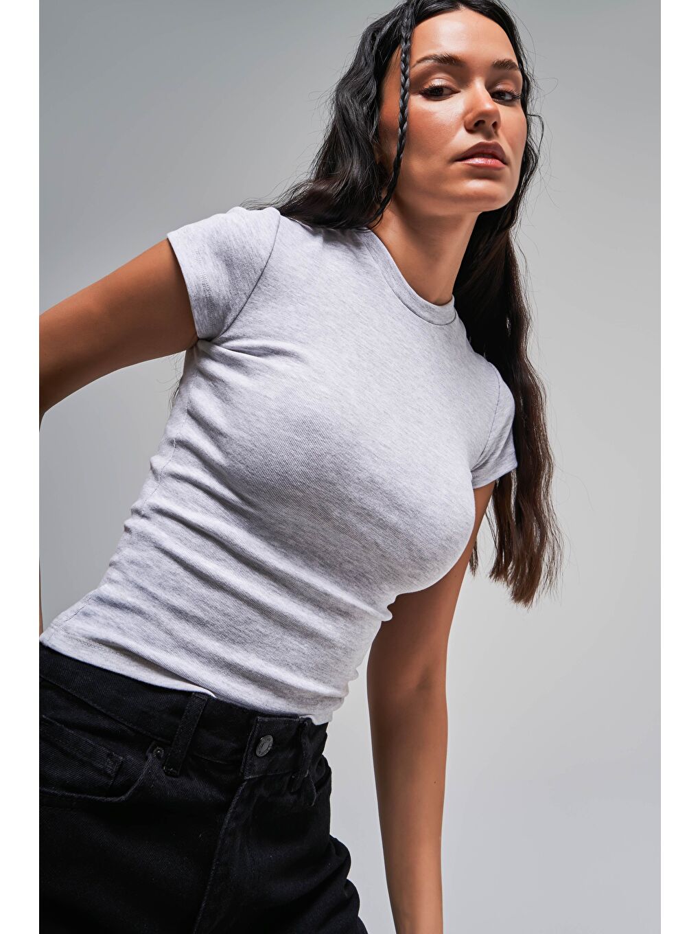Kadın Gri-Melanj Renk s5-107 Süper Esnek Kumaş %100 Pamuk Bisiklet Yaka Basic Body-1