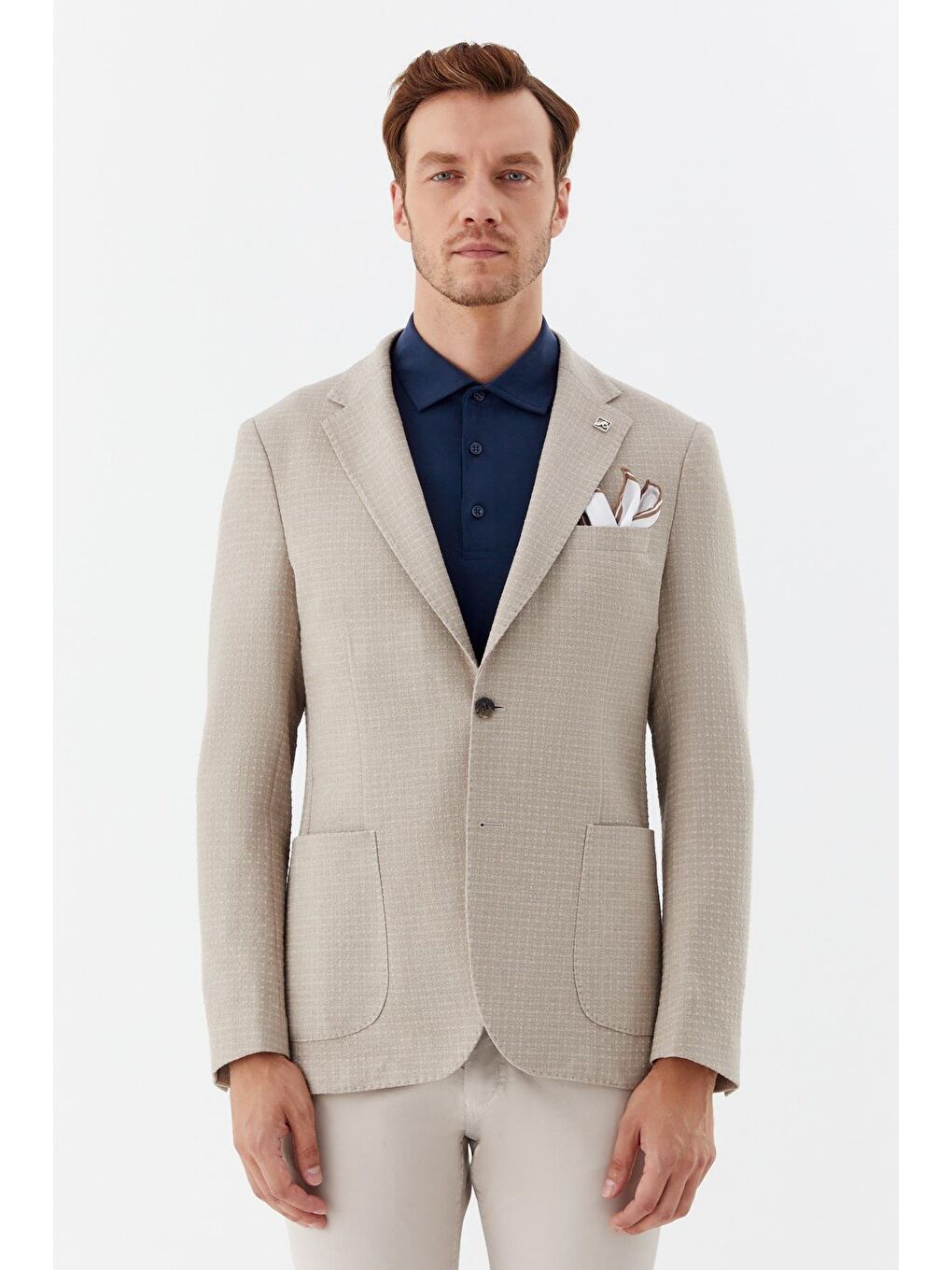 Koyu Bej Mono Yaka Keten Karışımlı Blazer Erkek Ceket