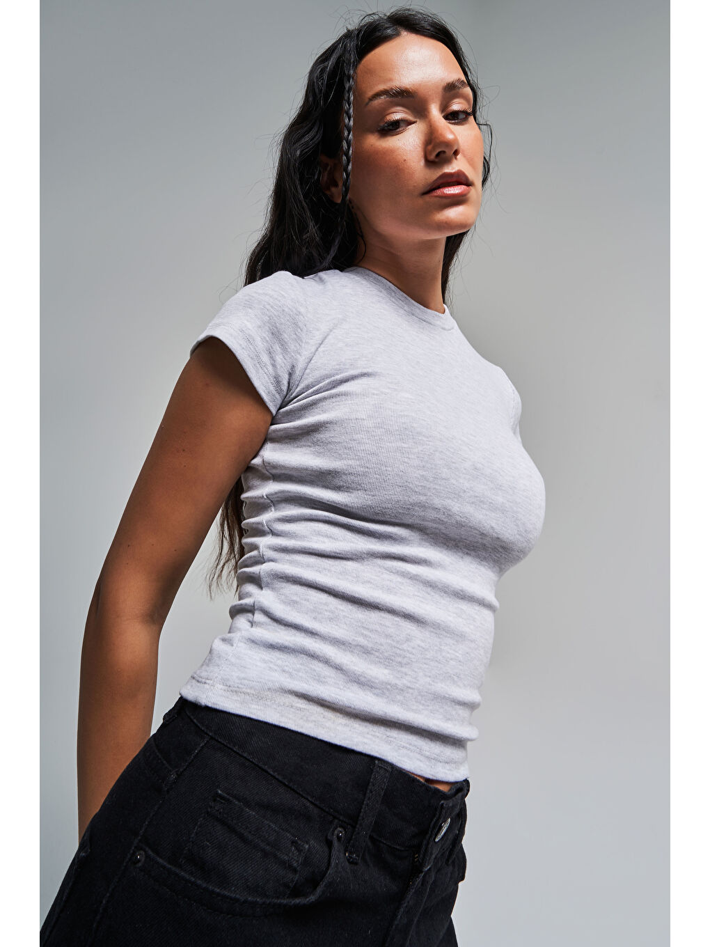 Kadın Gri-Melanj Renk s5-107 Süper Esnek Kumaş %100 Pamuk Bisiklet Yaka Basic Body-3