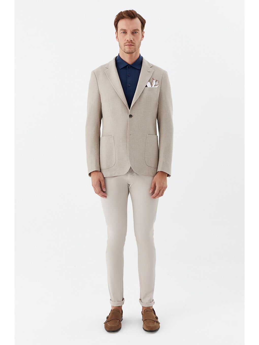 Koyu Bej Mono Yaka Keten Karışımlı Blazer Erkek Ceket-1