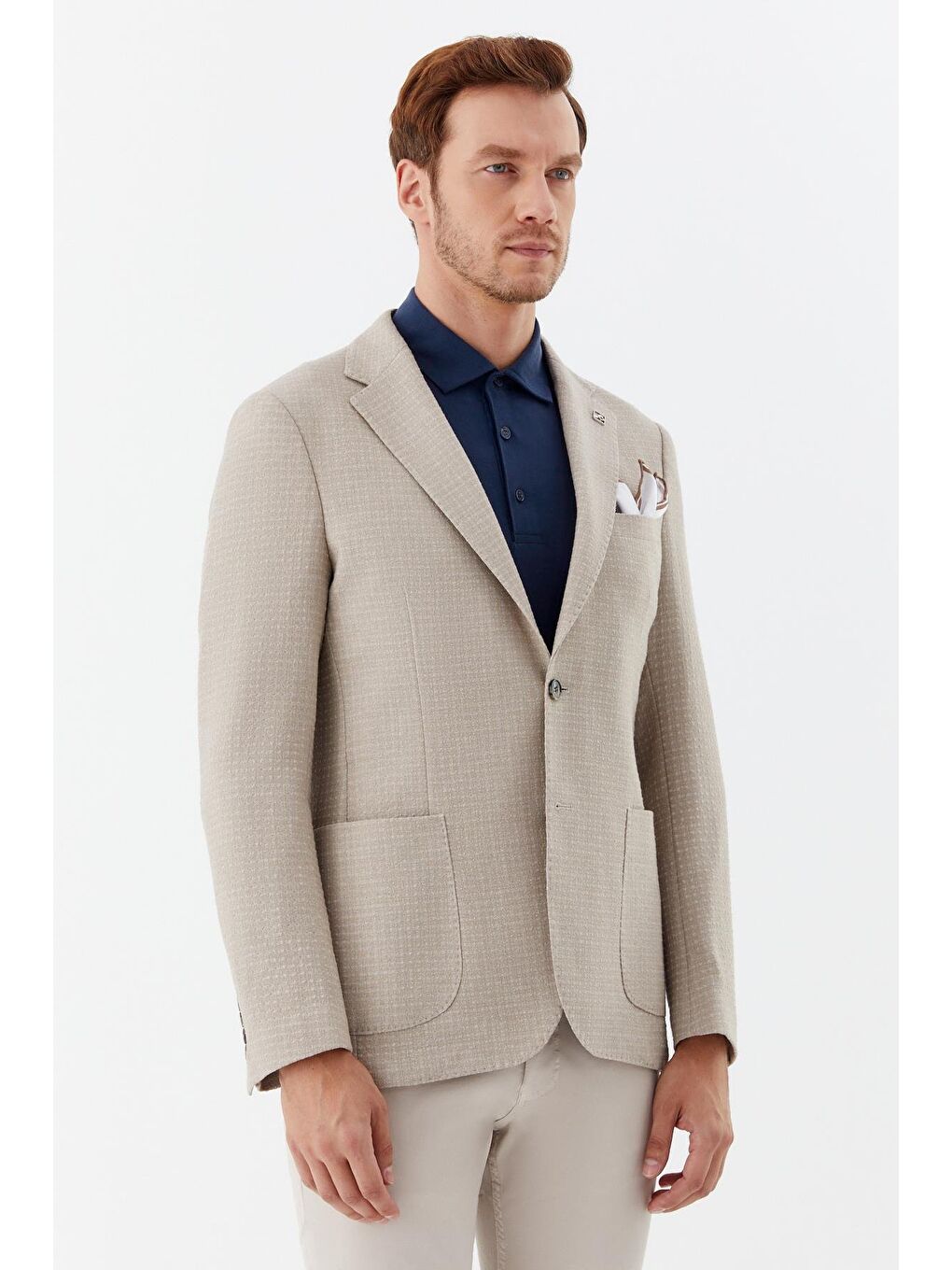 Koyu Bej Mono Yaka Keten Karışımlı Blazer Erkek Ceket-2