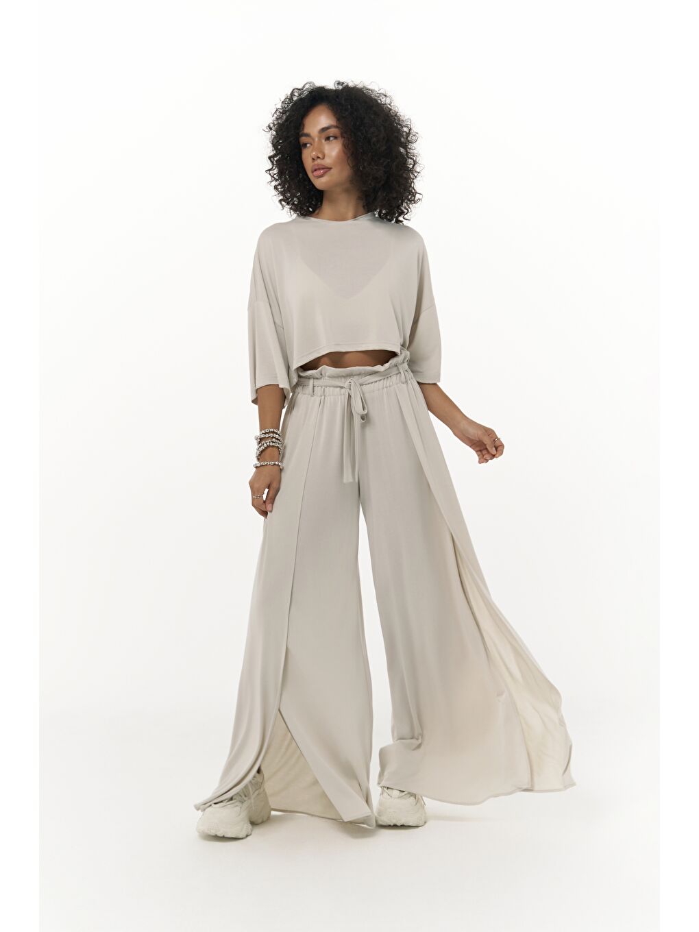 Nell Bej Crop T-Shirt Pantolon Takım-2