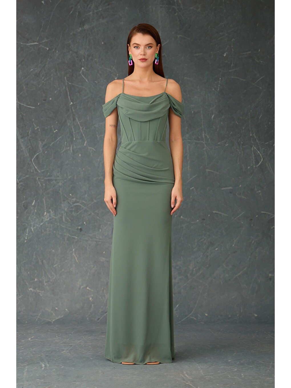 Turkuaz Çağla Askılı Uzun Şifon Abiye Elbise