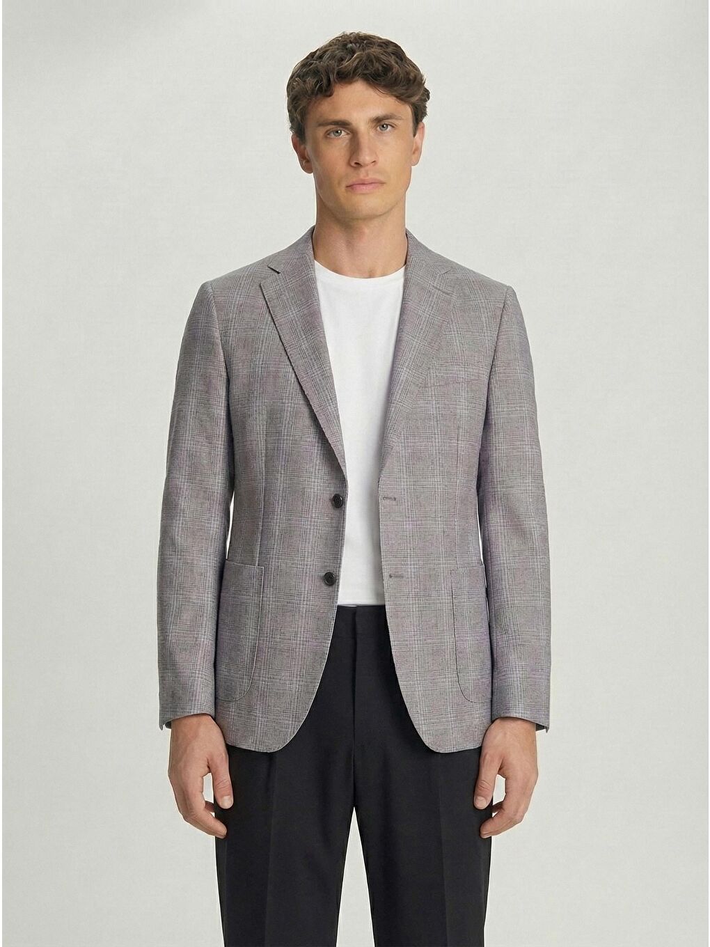 Gri Slim Fit Pamuklu Mono Yaka Kareli Casual Ceket