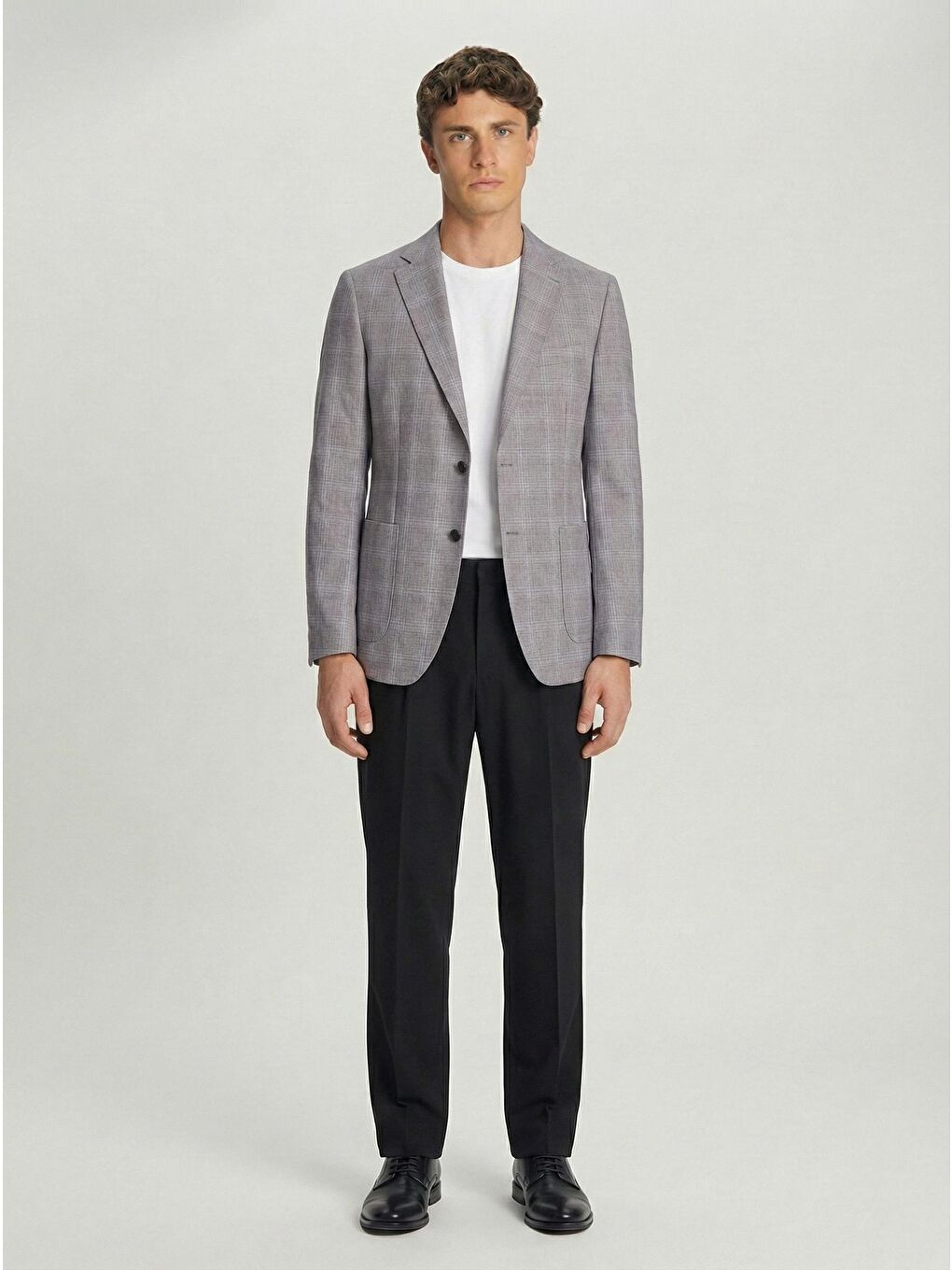 Gri Slim Fit Pamuklu Mono Yaka Kareli Casual Ceket-1