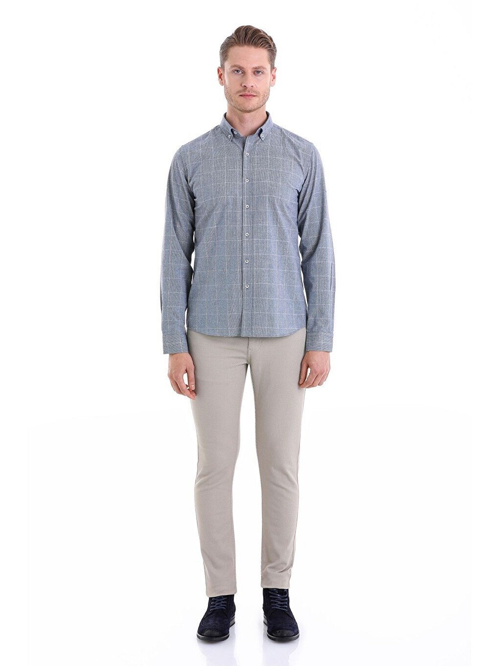 Lacivert Comfort Fit Desenli Düğmeli Yaka Uzun Kollu Casual Flanel Gömlek-1