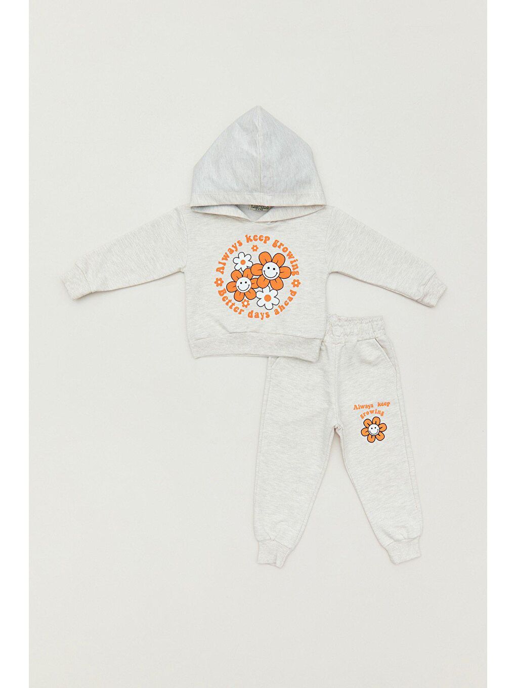 Bej Baskılı Kapüşonlu Kız Çocuk Eşofman Takımı