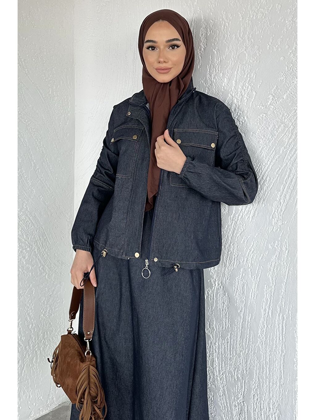 Lacivert Gülseli Fermuarlı Jean Ceket Etek Tesettür İkili Takım-4