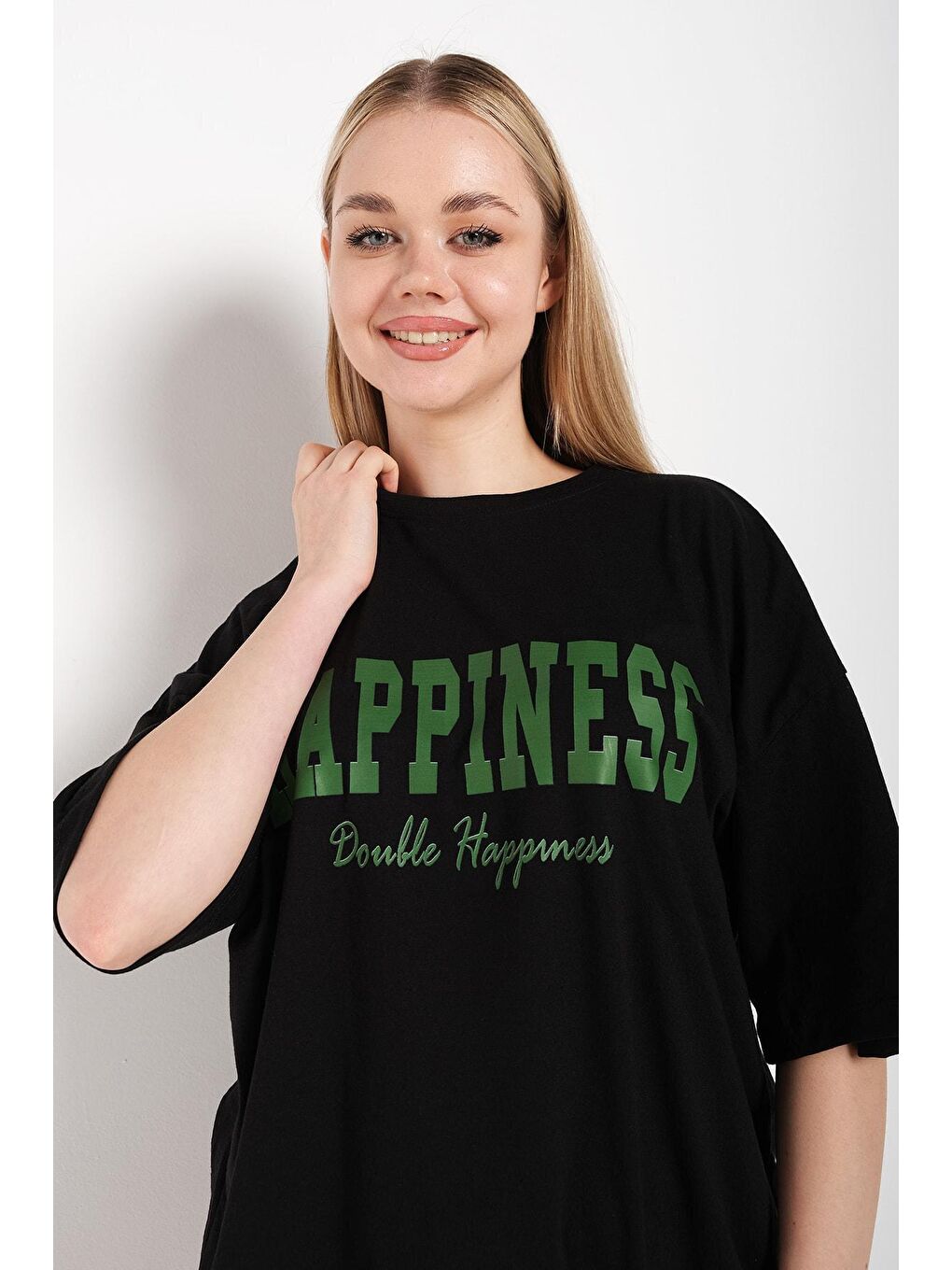 Trendseninle Siyah Kadın Siyah Happıness Baskılı Oversize Tişört - 3