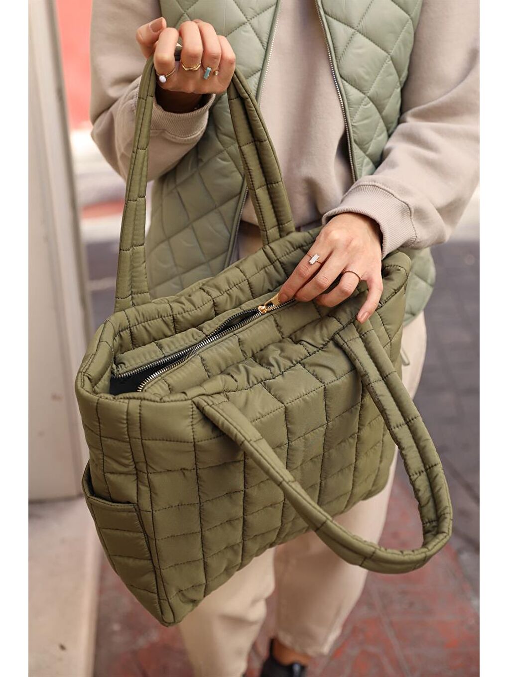 Nakışlı Puf Tote Çanta Haki-5