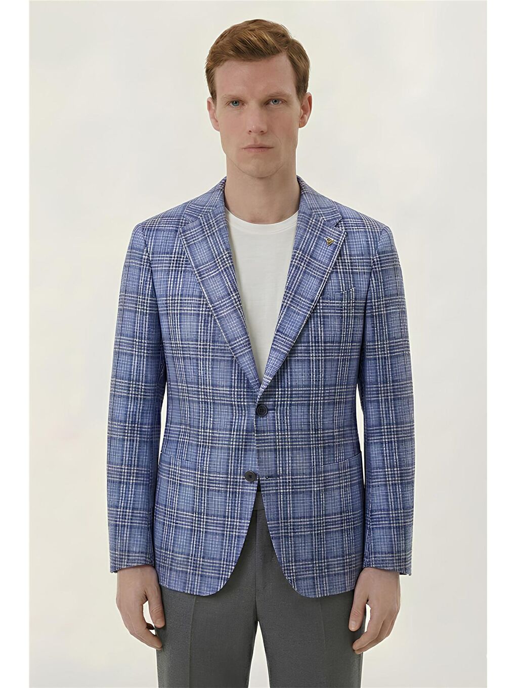 Giotelli Mavi Ekose Mono Yaka Comfort Kalıp 6 Drop Kemerli Bel Astarsız Erkek Ceket