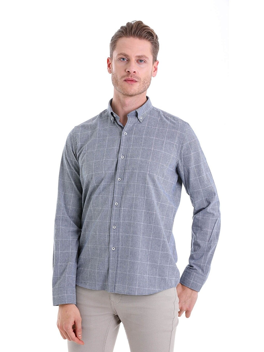 Lacivert Comfort Fit Desenli Düğmeli Yaka Uzun Kollu Casual Flanel Gömlek-4