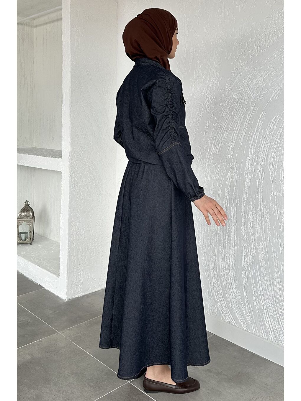 Lacivert Gülseli Fermuarlı Jean Ceket Etek Tesettür İkili Takım-7