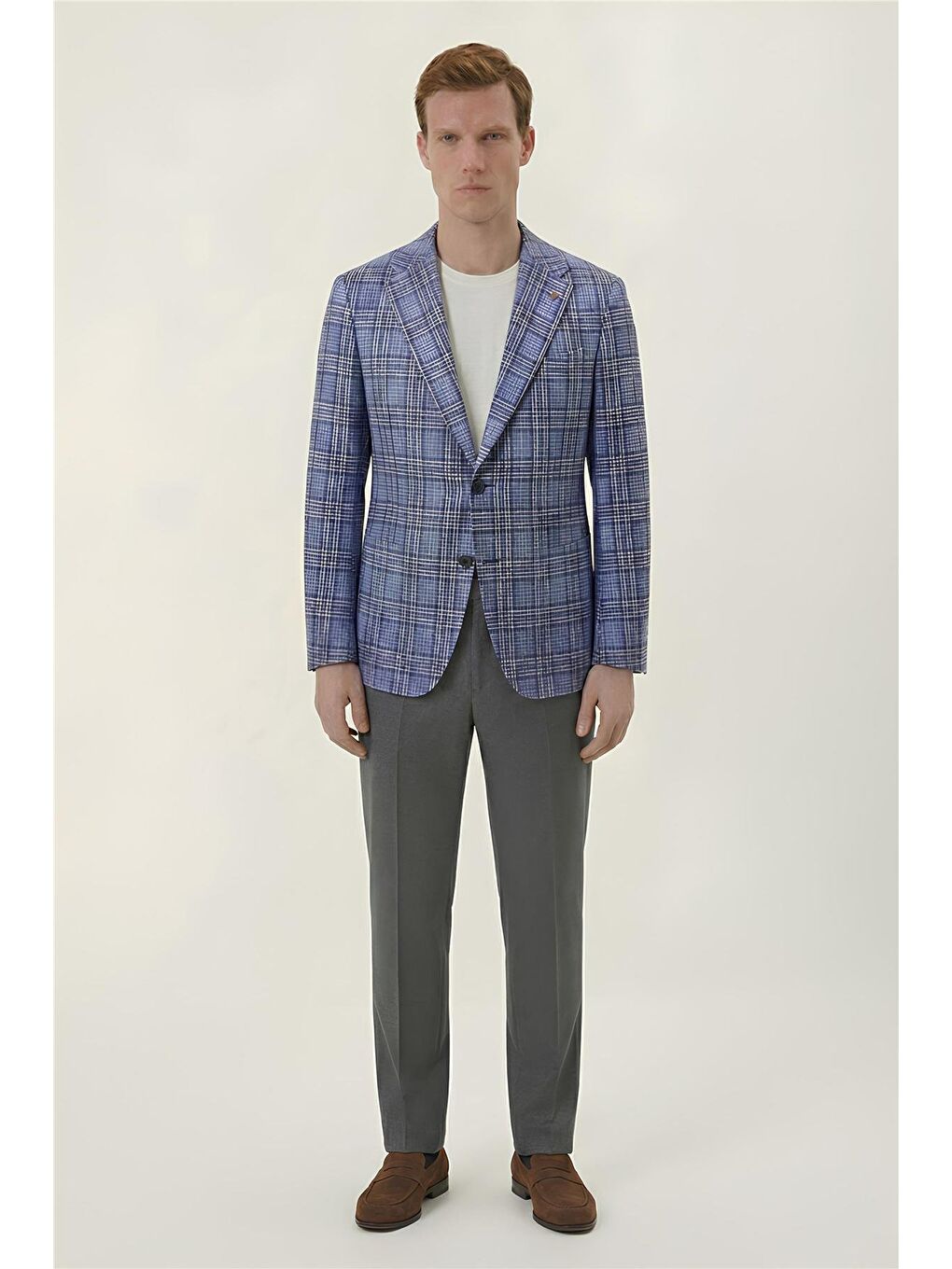 Giotelli Mavi Ekose Mono Yaka Comfort Kalıp 6 Drop Kemerli Bel Astarsız Erkek Ceket-1