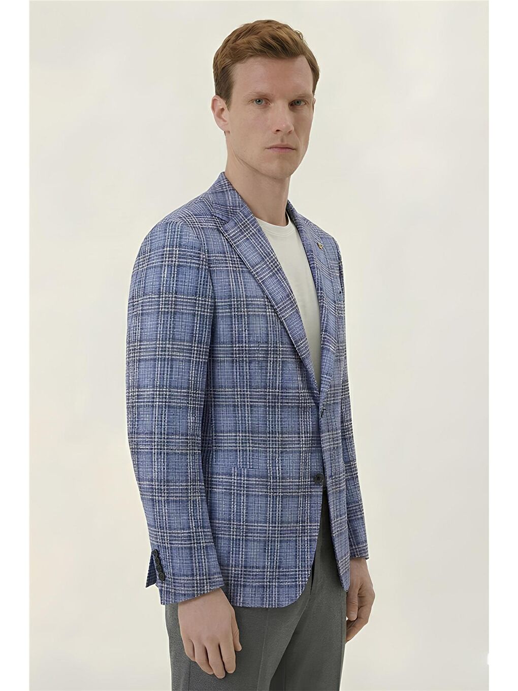 Giotelli Mavi Ekose Mono Yaka Comfort Kalıp 6 Drop Kemerli Bel Astarsız Erkek Ceket-2