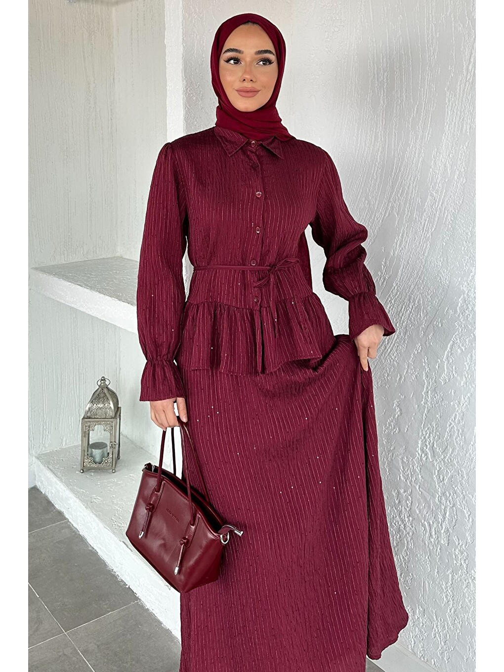 Bordo Fırfırlı Pullu Gömlek Etek Tesettür İkili Takım-3