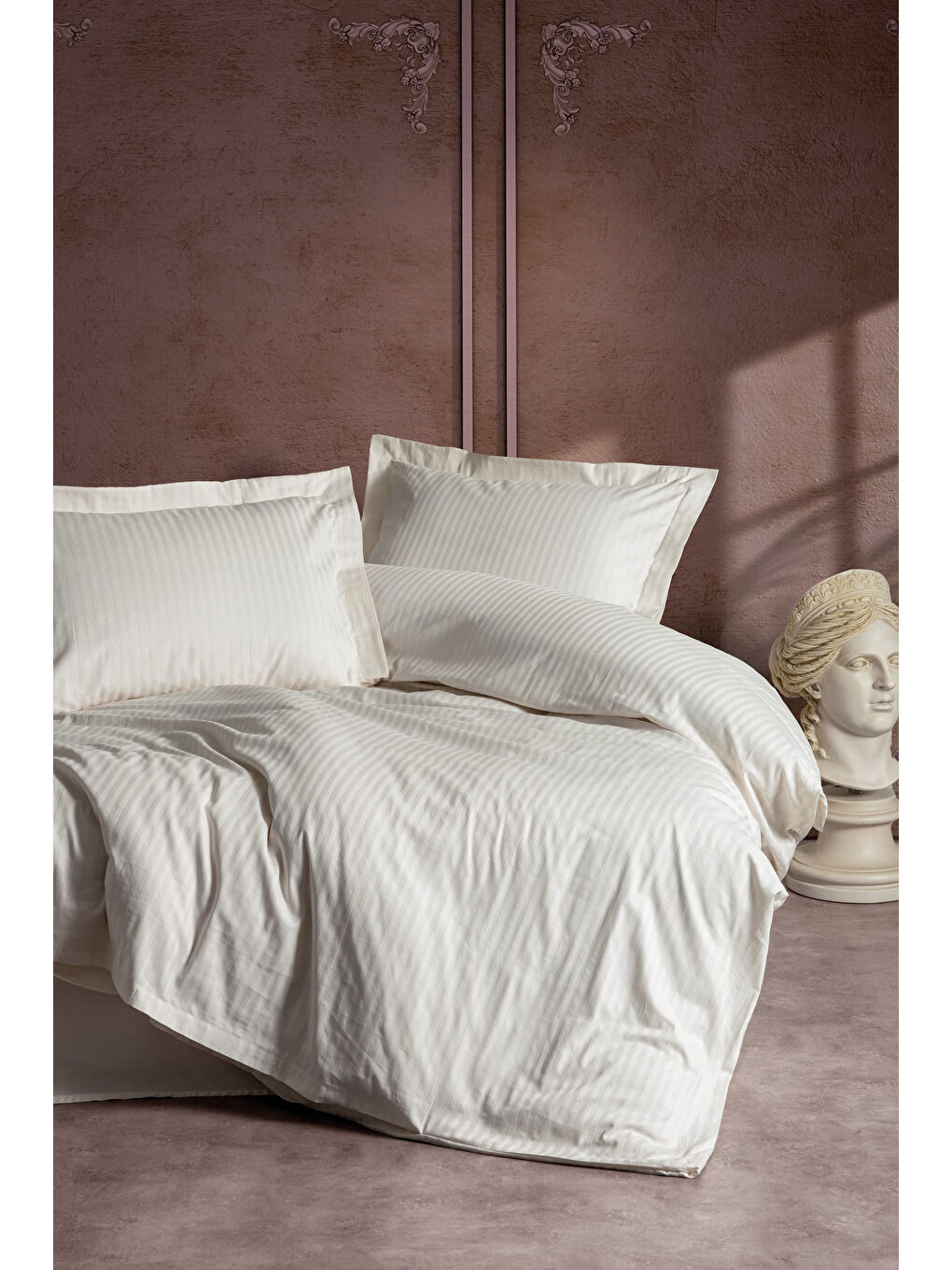 Karışık Pamuk Box Elegant Stripe Çift Kişilik Nevresim Takımı Saten Ekru