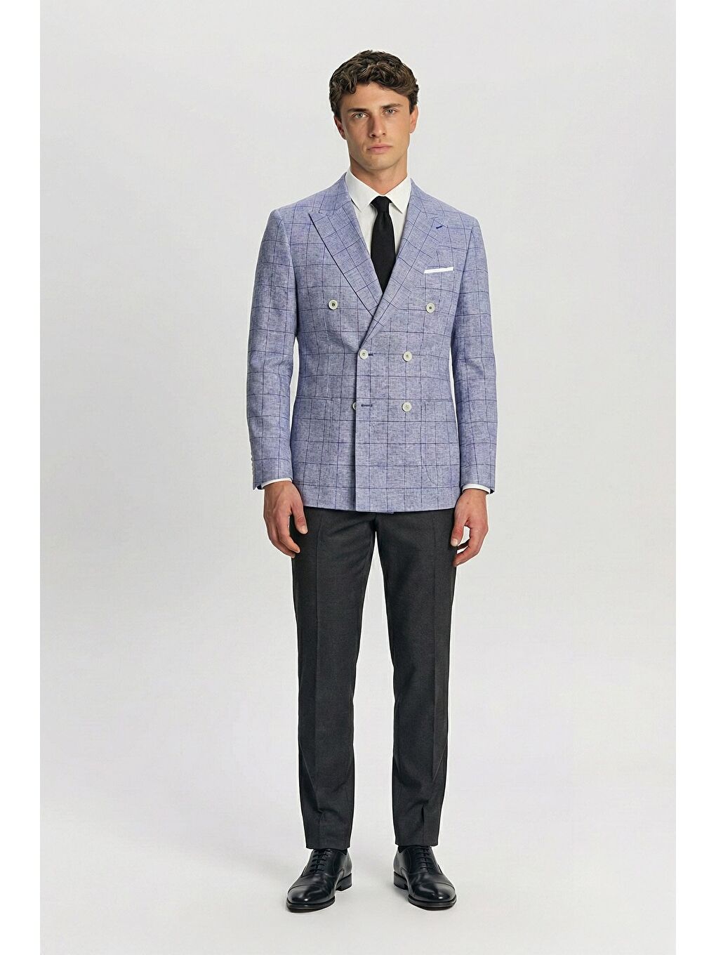 Mavi Giotelli Saks Ekose Sivri Yaka Roma Kalıp 6 Drop Astarsız Erkek Ceket-1